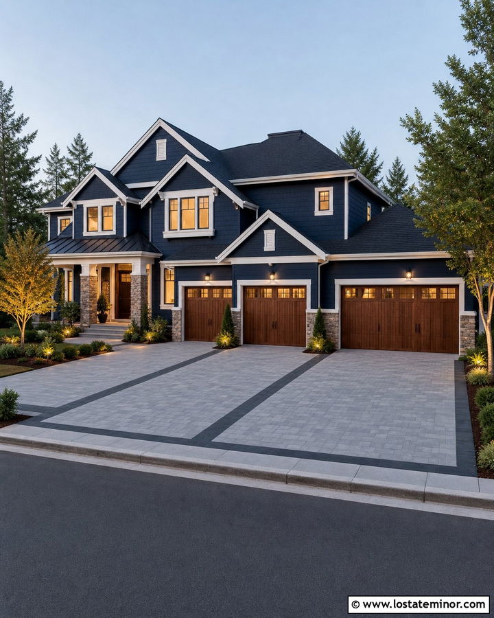 Midnight Blue House With Three Car Paver Driveway - 30 Midnight Blue House Design With Driveway Ideas