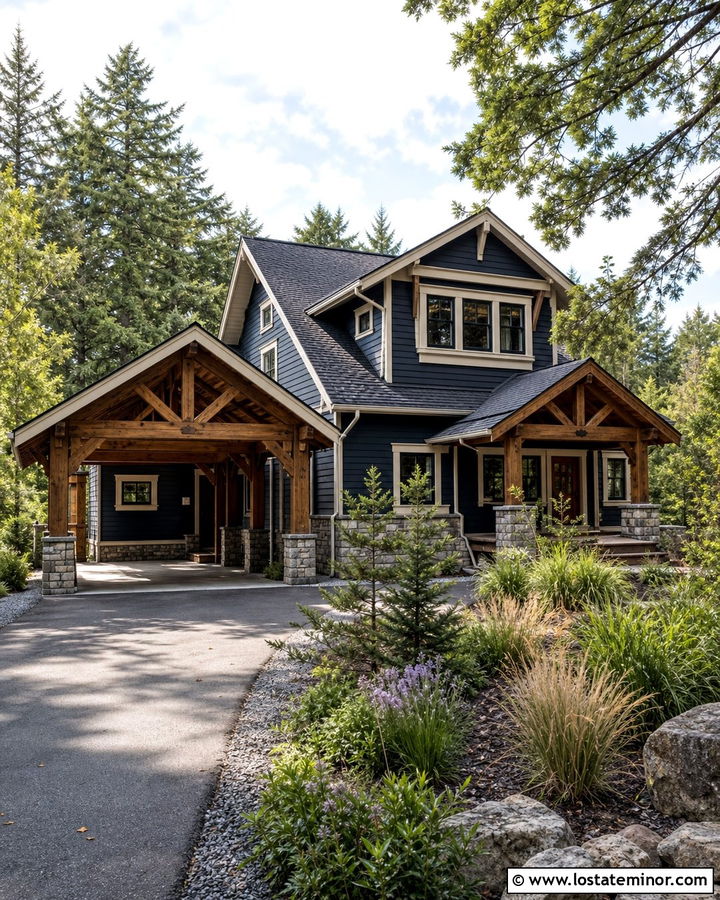 Midnight Blue House With Timber Frame Carport - 30 Midnight Blue House Design With Carport Ideas