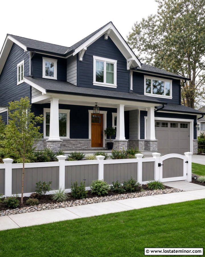 Midnight Blue House With Two Tone Fence - 30 Midnight Blue House Design With Fence Ideas