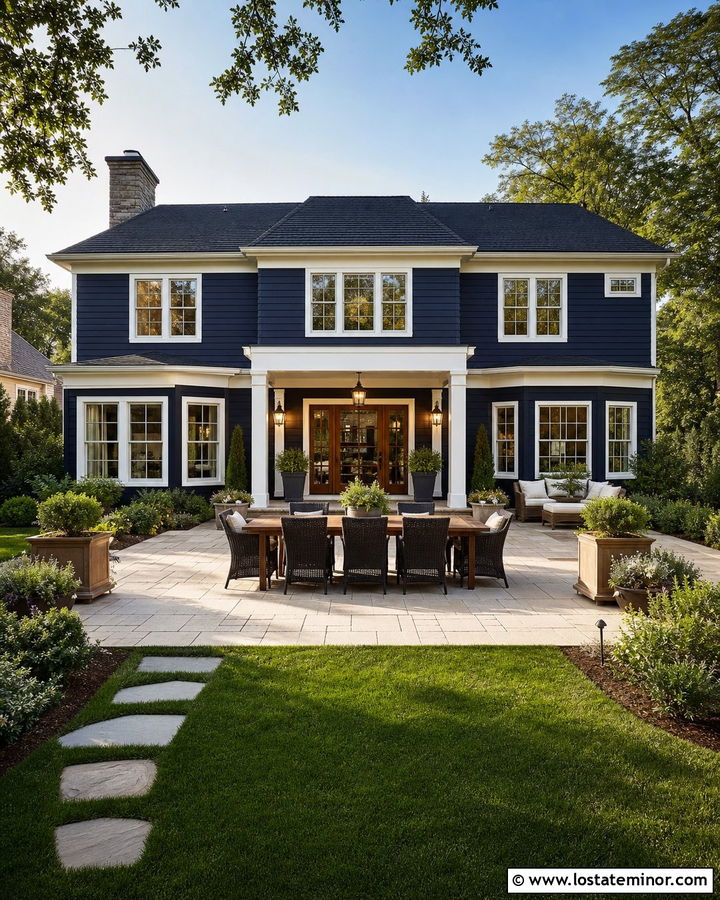 Midnight Blue House With Walnut Door And Dining Patio - 30 Midnight Blue House Design With Backyard Ideas