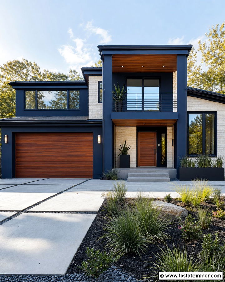 Midnight Blue House With Walnut Garage Door - 30 Midnight Blue House Design With Garage Door Ideas