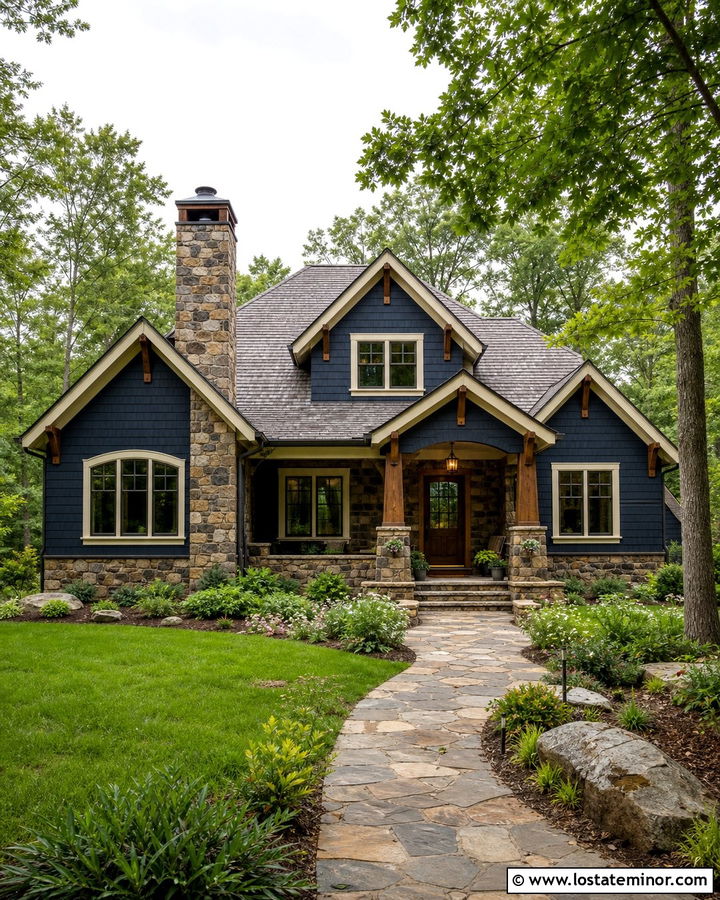 Midnight Blue House With Warm Fieldstone - 30 Midnight Blue House Design With Stone Accents Ideas