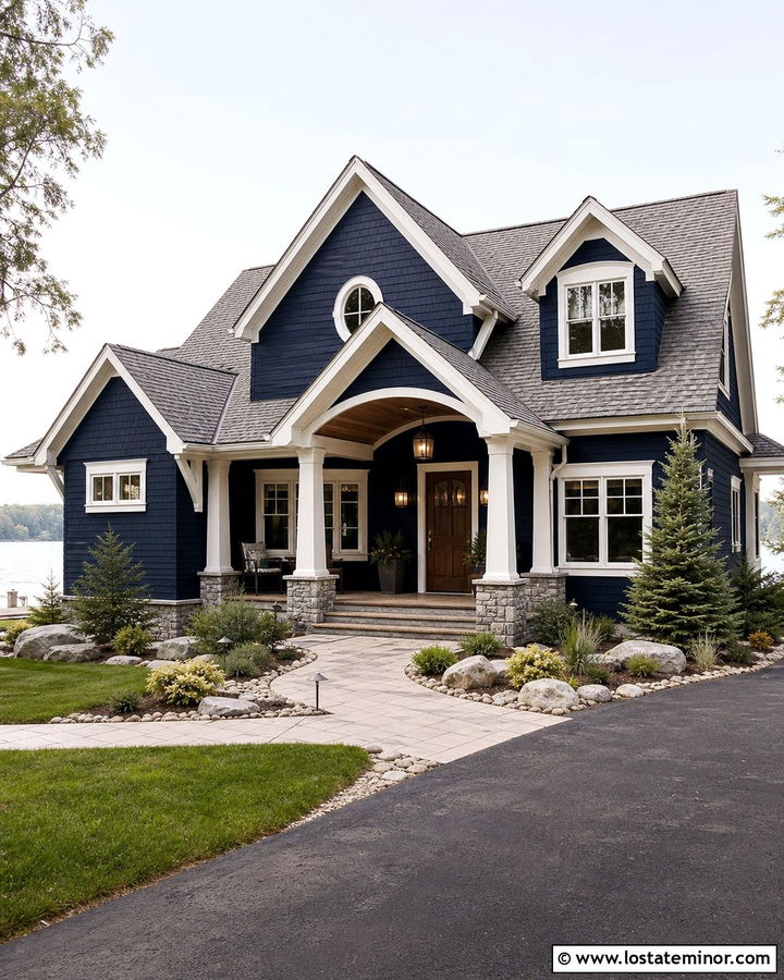 Midnight Blue House With Warm Gray Wood Ceiling - 30 Midnight Blue House Design With Porch Ceiling Ideas