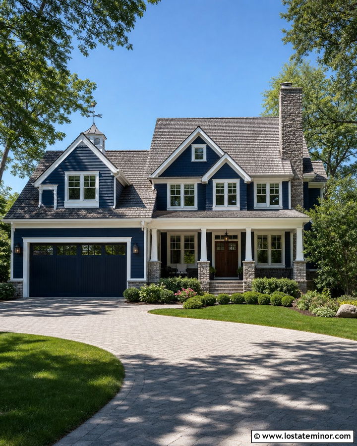 Midnight Blue House With Weathered Gray Roof And Stone - 30 Midnight Blue House Design With Stone Accents Ideas