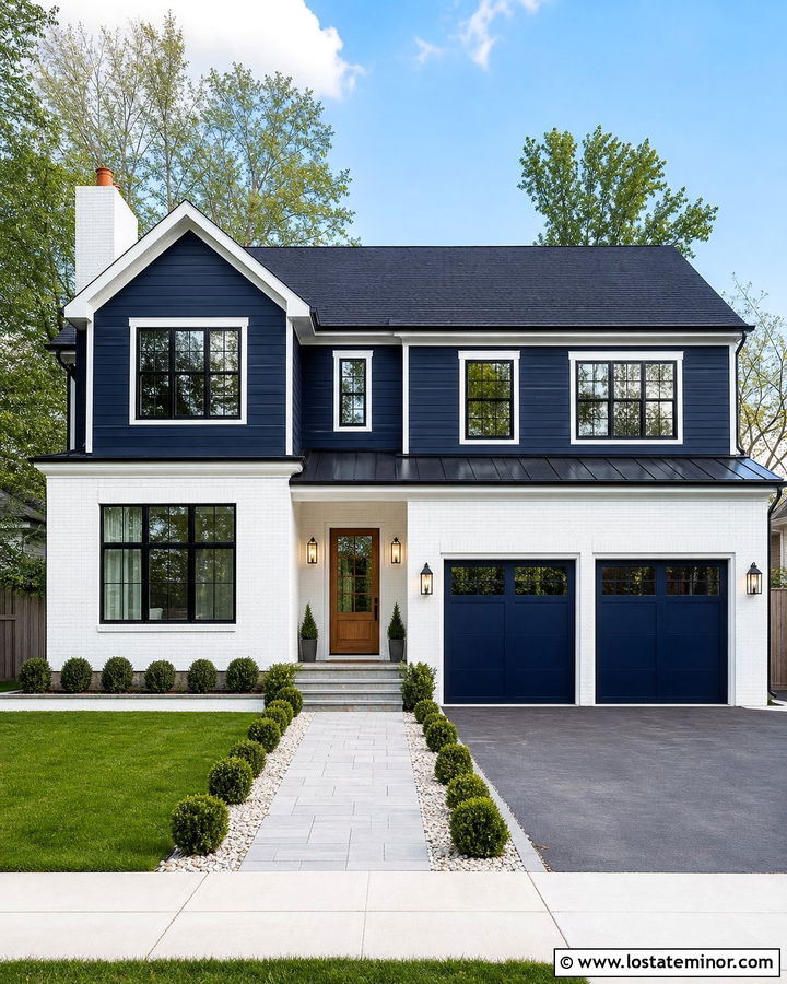 Midnight Blue House With White Brick Accents - 30 Midnight Blue House Design With Accents Ideas