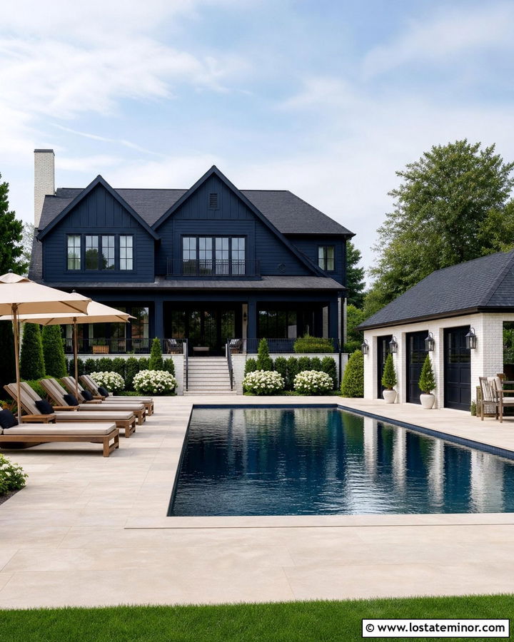 Midnight Blue House With White Brick And Pool House - 30 Midnight Blue House Design With Backyard Ideas