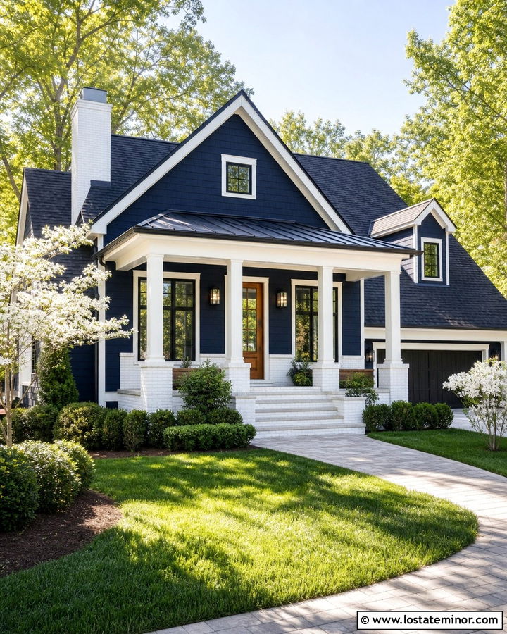 Midnight Blue House With White Brick Porch - 30 Midnight Blue House Design With Front Porch Ideas