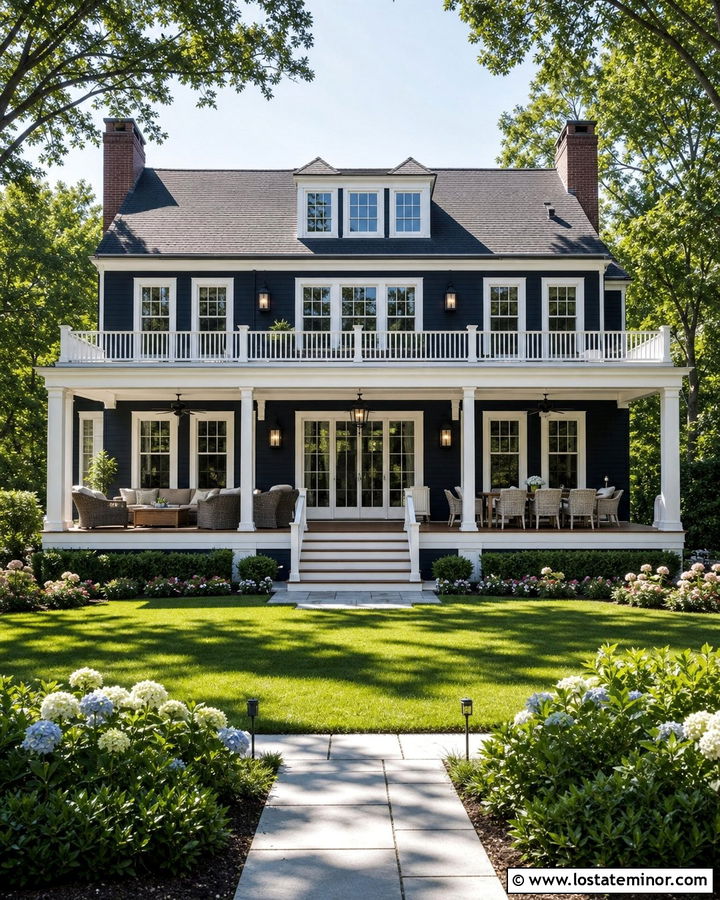 Midnight Blue House With White Columns And Covered Veranda - 30 Midnight Blue House Design With Backyard Ideas