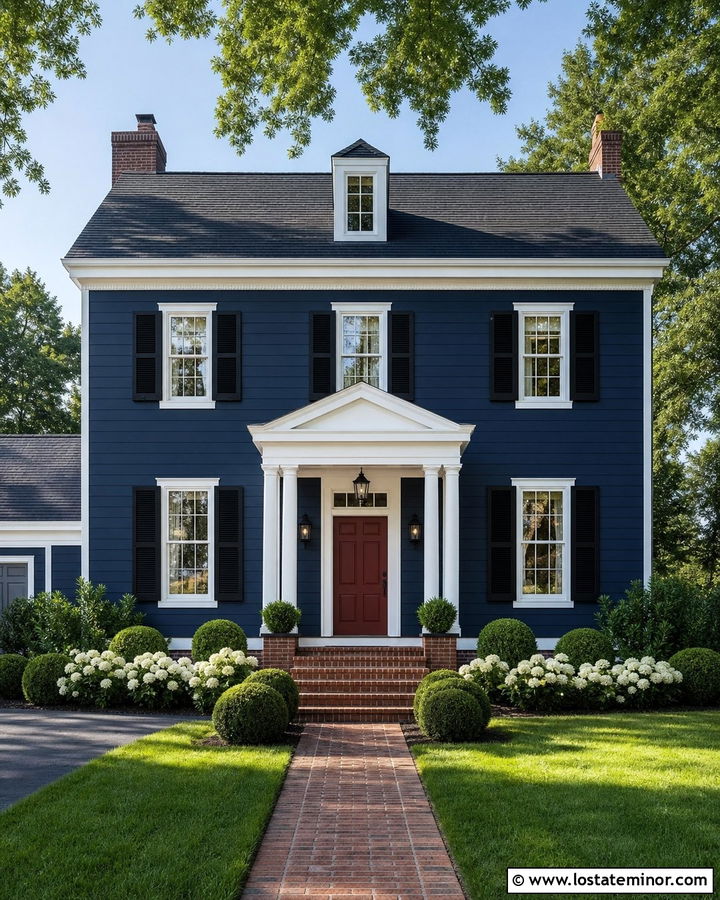 Midnight Blue House With White Columns And Red Door - 30 Midnight Blue House Design With Portico Ideas