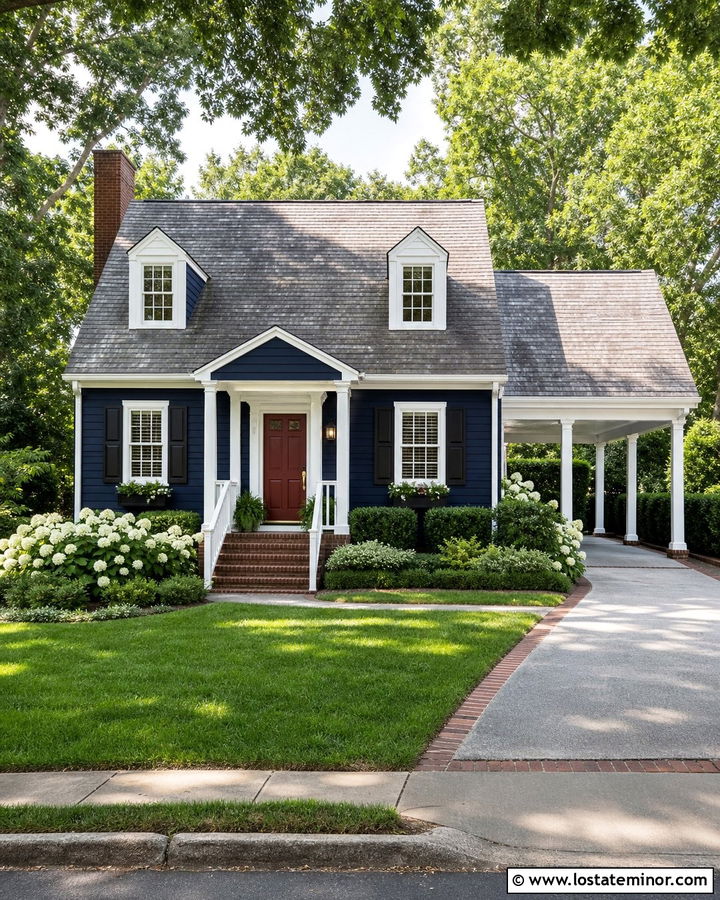 Midnight Blue House With White Columns And Red Door - 30 Midnight Blue House Design With Carport Ideas