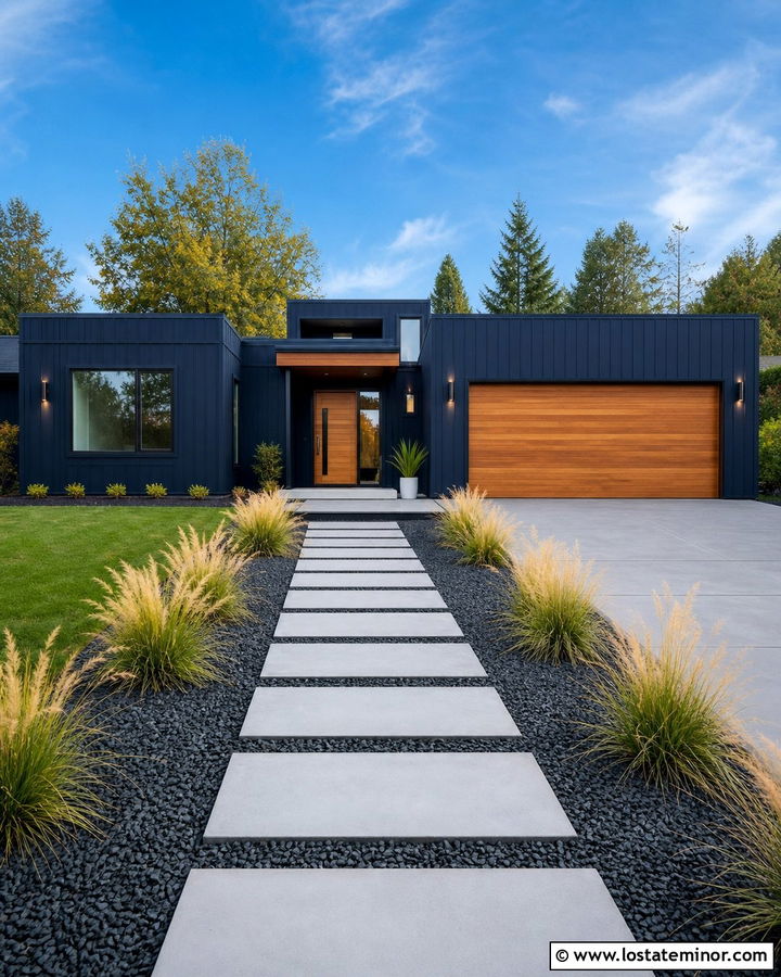Midnight Blue House With White Concrete Pavers - 30 Midnight Blue House Design With Walkway Ideas