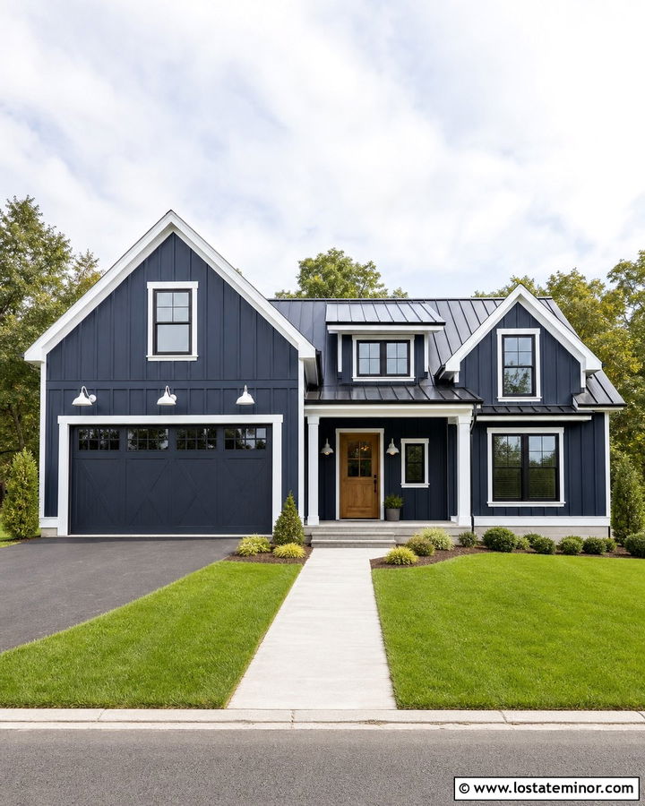 Midnight Blue House With White Farmhouse Lights - 30 Midnight Blue House Design With Light Fixtures Ideas
