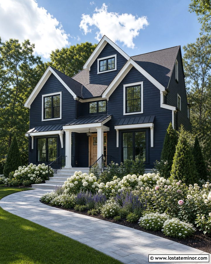 Midnight Blue House With White Flower Beds - 30 Midnight Blue House Design With Front Yard Ideas