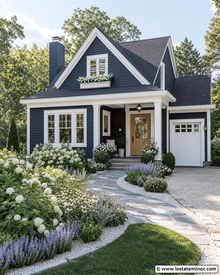 Midnight Blue House With White Flower Garden - 30 Midnight Blue House Design With Landscaping Ideas