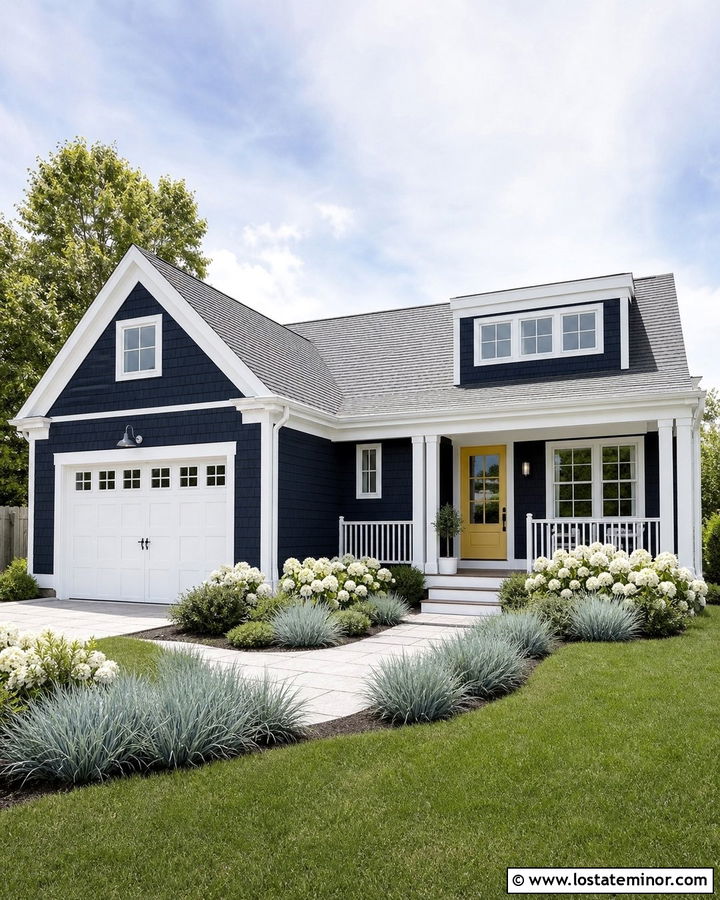 Midnight Blue House With White Garage And Yellow Door - 30 Midnight Blue House Design With Garage Door Ideas