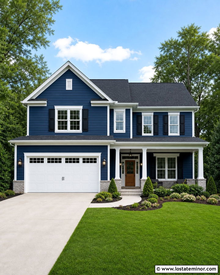 Midnight Blue House With White Garage Doors - 30 Midnight Blue House Design With Accents Ideas