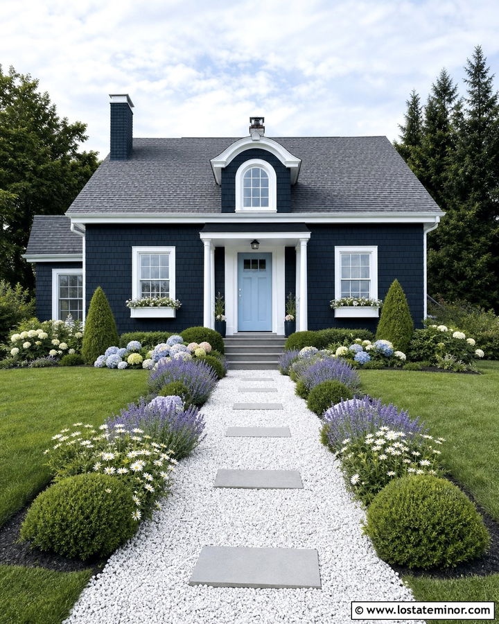 Midnight Blue House With White Gravel Walkway - 30 Midnight Blue House Design With Walkway Ideas