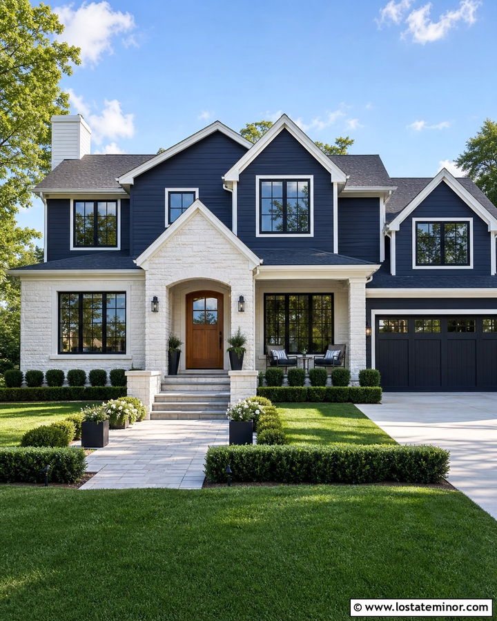 Midnight Blue House With White Limestone - 30 Midnight Blue House Design With Stone Accents Ideas