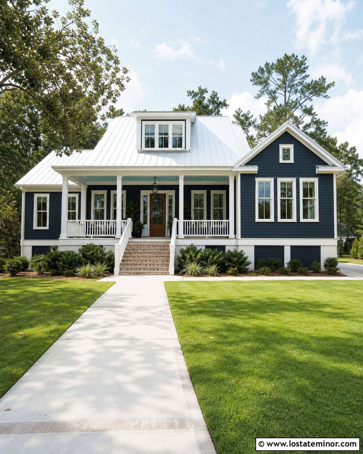 Midnight Blue House With White Metal Roof - 30 Midnight Blue House Design With Roof Ideas