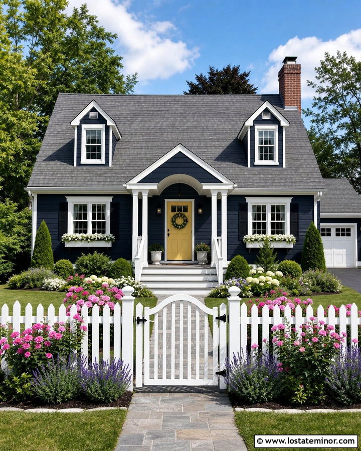 Midnight Blue House With White Picket Fence Landscaping - 30 Midnight Blue House Design With Landscaping Ideas