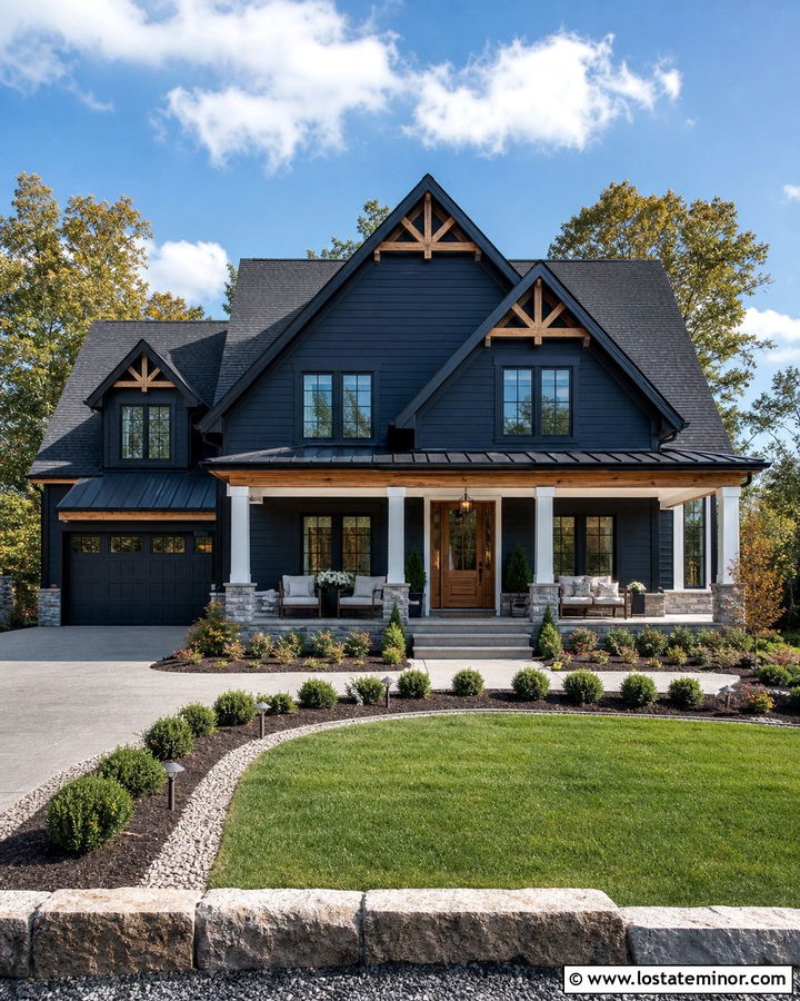 Midnight Blue House With White Shiplap Porch Ceiling - 30 Midnight Blue House Design With Porch Ceiling Ideas