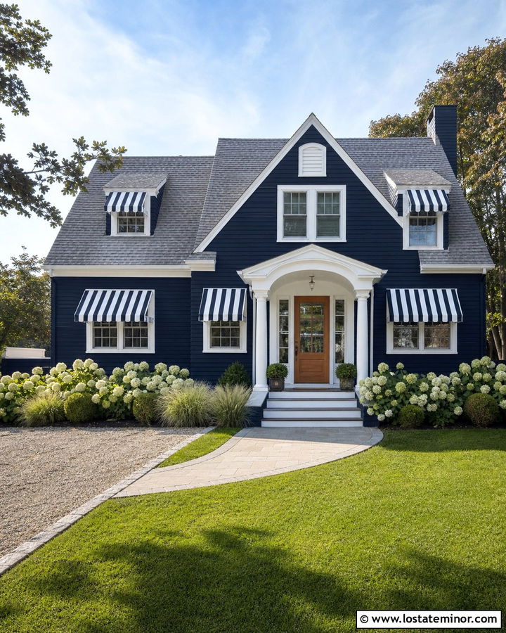 Midnight Blue House With White Striped Awning - 30 Midnight Blue House Design With Awning Ideas