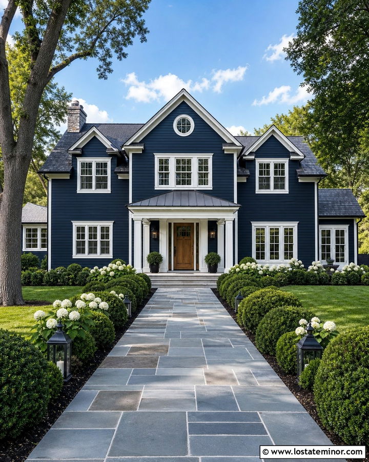 Midnight Blue House With White Trim And Boxwood Landscaping - 30 Midnight Blue House Design With Landscaping Ideas