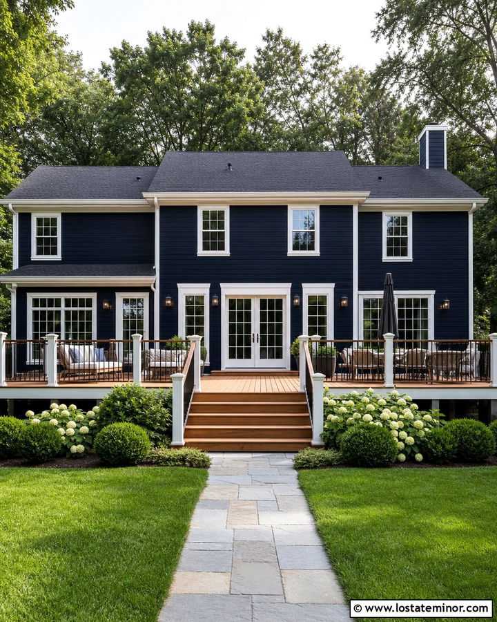Midnight Blue House With White Trim And Cedar Deck - 30 Midnight Blue House Design With Backyard Ideas