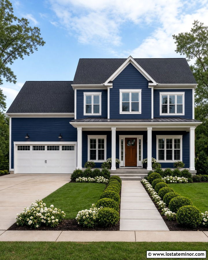 Midnight Blue House With White Trim And Concrete Driveway - 30 Midnight Blue House Design With Driveway Ideas