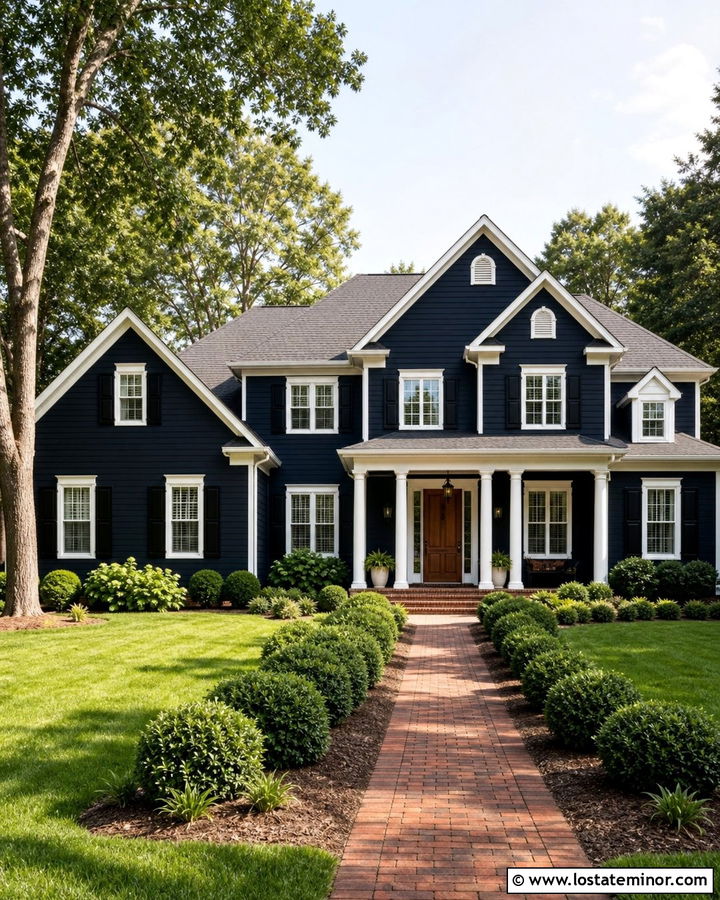 Midnight Blue House With White Trim And Lanterns - 30 Midnight Blue House Design With Lighting Ideas