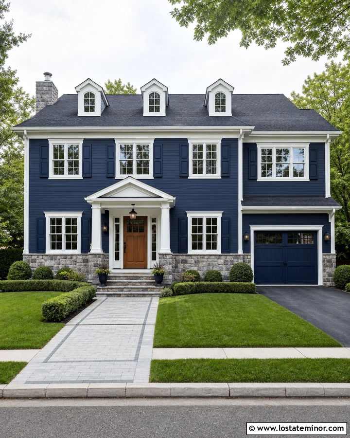 Midnight Blue House With White Trim And Stone - 30 Midnight Blue House Design With Stone Accents Ideas