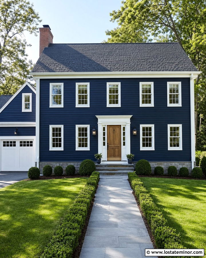 Midnight Blue House With White Trim And Wood Door - 30 Midnight Blue House Design With Accents Ideas