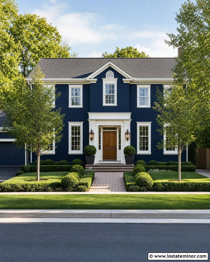 Midnight Blue House With White Trim and Bronze Lights - 30 Midnight Blue House Design With Light Fixtures Ideas