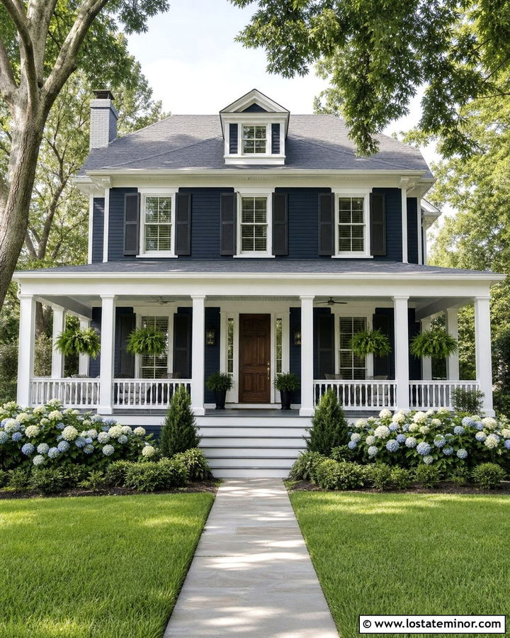 Midnight Blue House With White Wraparound Porch - 30 Midnight Blue House Design With Front Porch Ideas