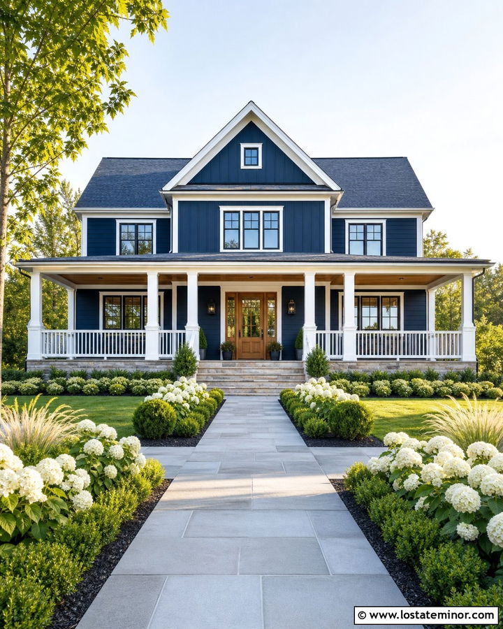 Midnight Blue House With Wide Front Porch - 30 Midnight Blue House Design With Front Yard Ideas