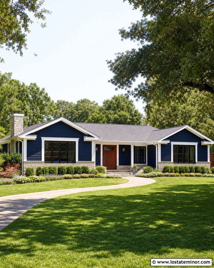 Midnight Blue House With Wide White Window Trim - 30 Midnight Blue House Design With Window Frames Ideas