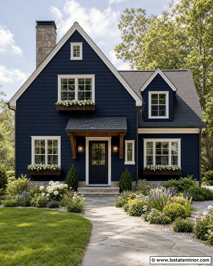 Midnight Blue House With Wood Bracket Awning - 30 Midnight Blue House Design With Awning Ideas