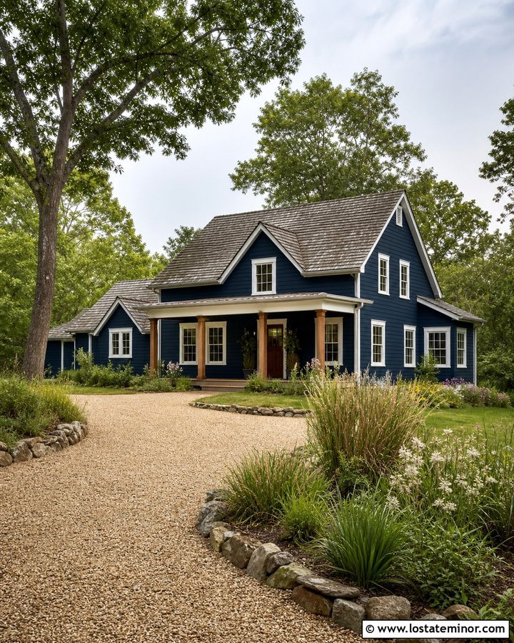 Midnight Blue House With Wood Door And Gravel Driveway - 30 Midnight Blue House Design With Driveway Ideas