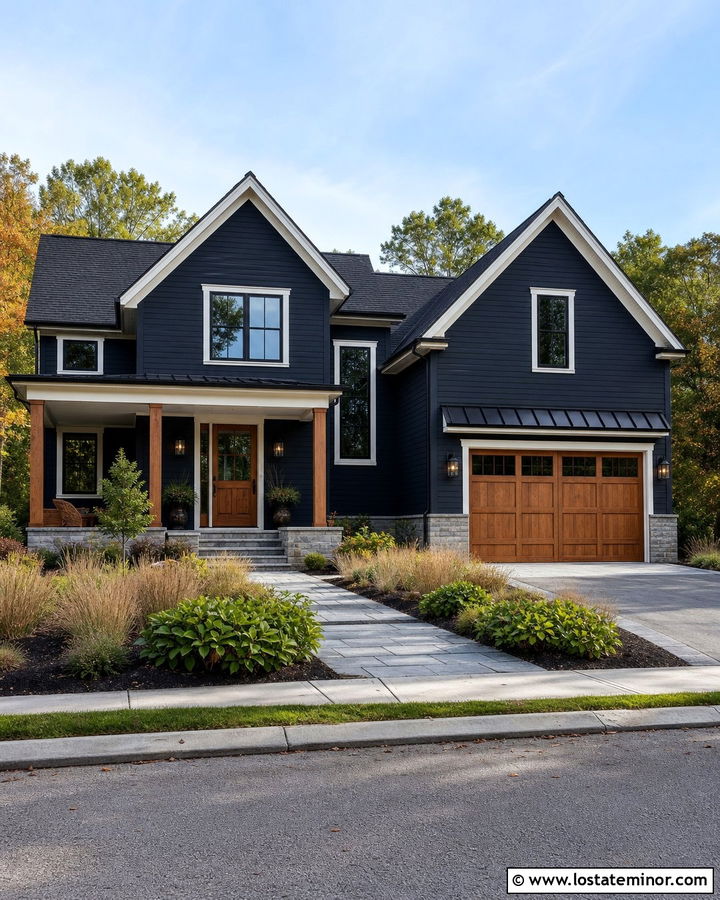 Midnight Blue House With Wood Door And Sconces - 30 Midnight Blue House Design With Lighting Ideas