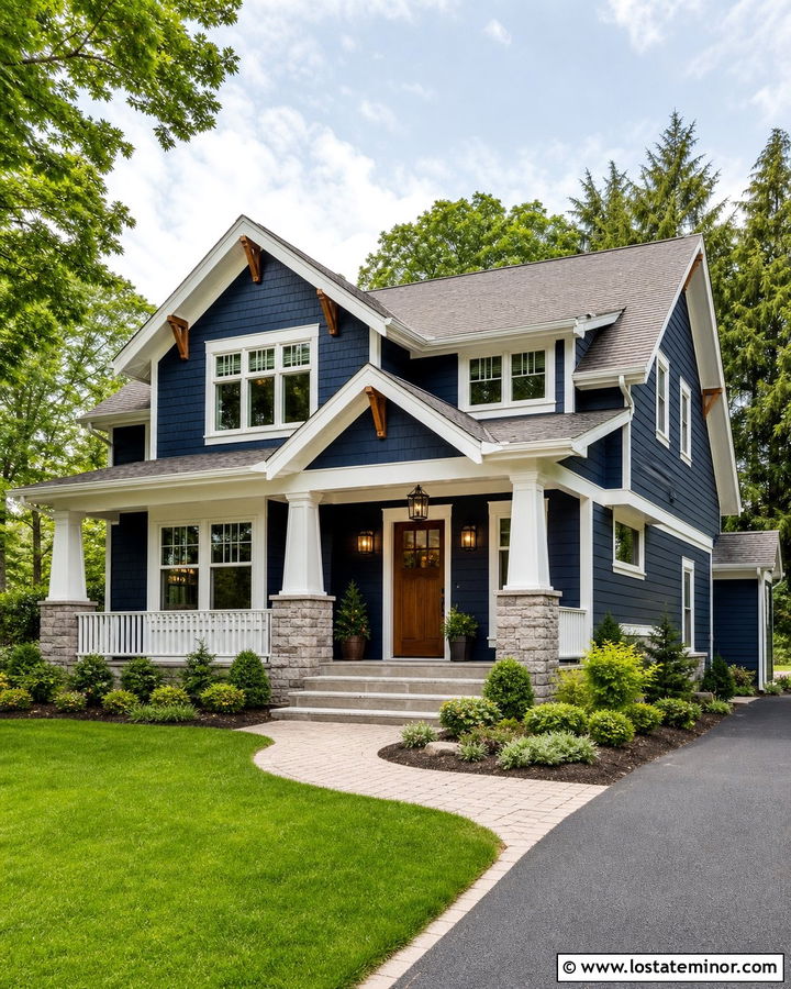 Midnight Blue House With Wood Door And White Trim - 30 Midnight Blue House Design With Trim Ideas