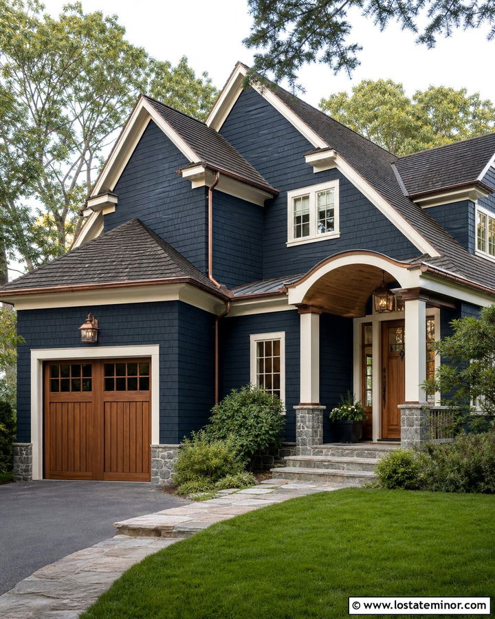 Midnight Blue House With Wood Garage And Copper Gutters - 30 Midnight Blue House Design With Garage Door Ideas