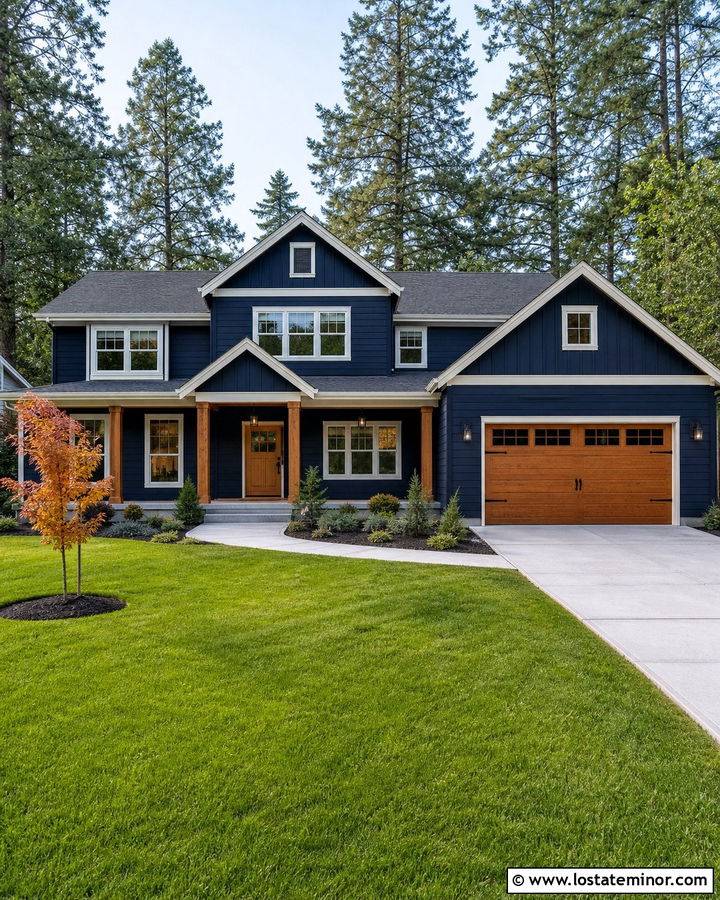 Midnight Blue House With Wood Garage And Dutch Door - 30 Midnight Blue House Design With Dutch Door Ideas