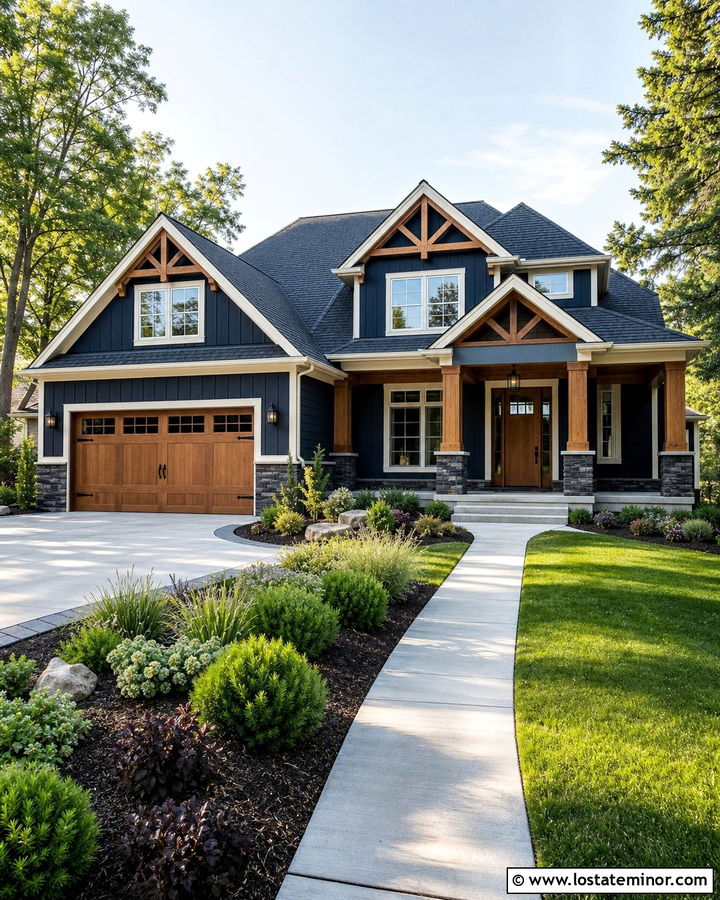 Midnight Blue House With Wood Garage Doors - 30 Midnight Blue House Design With Accents Ideas
