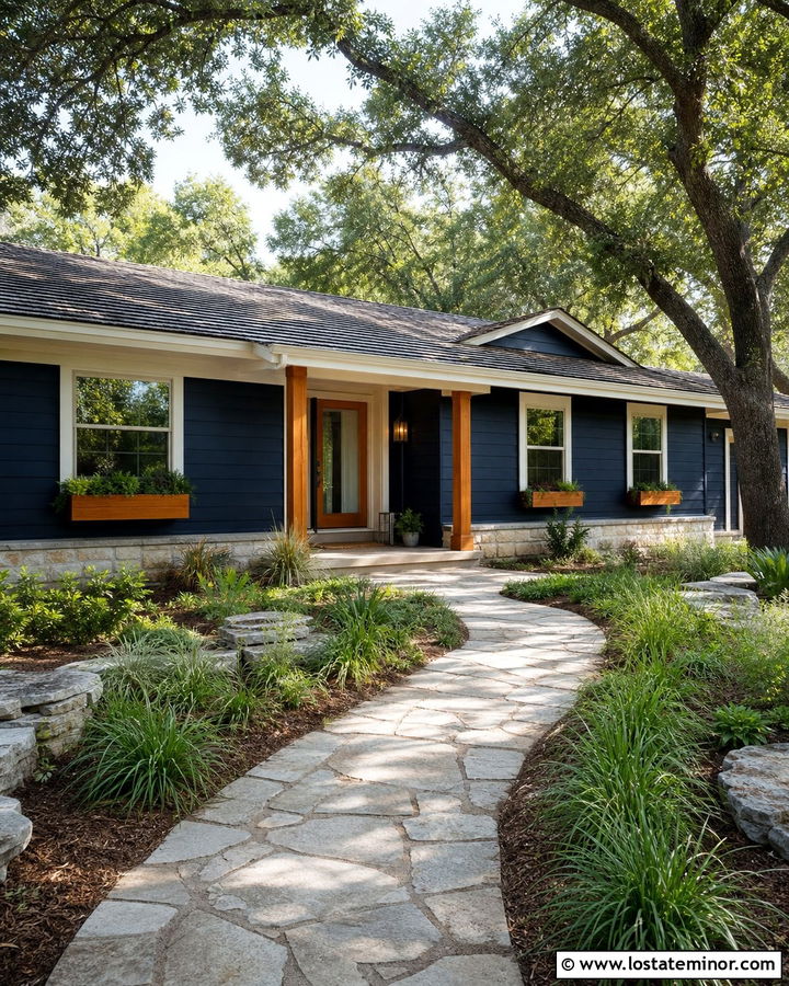Midnight Blue House With Wood Look Storm Door - 30 Midnight Blue House Design With Storm Door Ideas