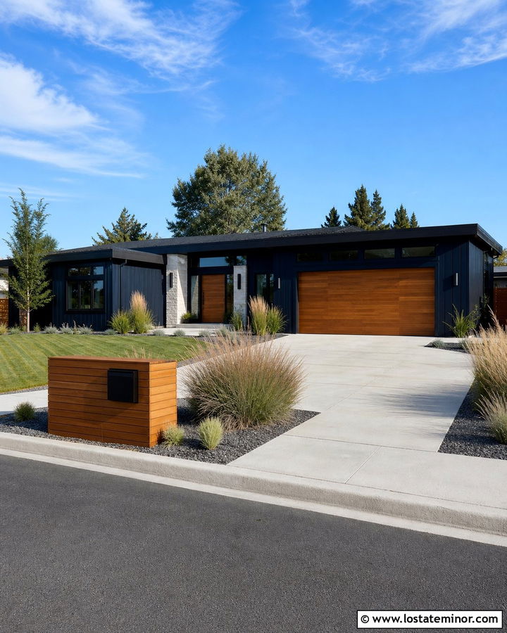 Midnight Blue House With Wood Mailbox Enclosure - 30 Midnight Blue House Design With Mailbox Ideas