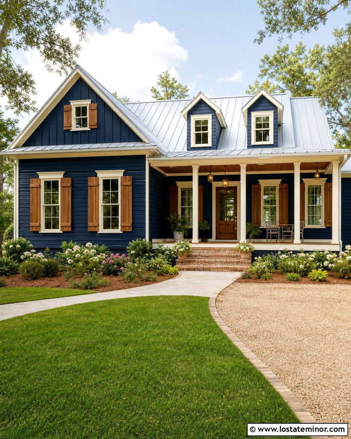 Midnight Blue House With Wood Shutters And Cream Trim - 30 Midnight Blue House Design With Trim Ideas