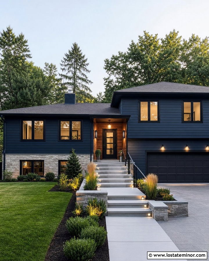 Midnight Blue House With Wood and Black Sconces - 30 Midnight Blue House Design With Light Fixtures Ideas