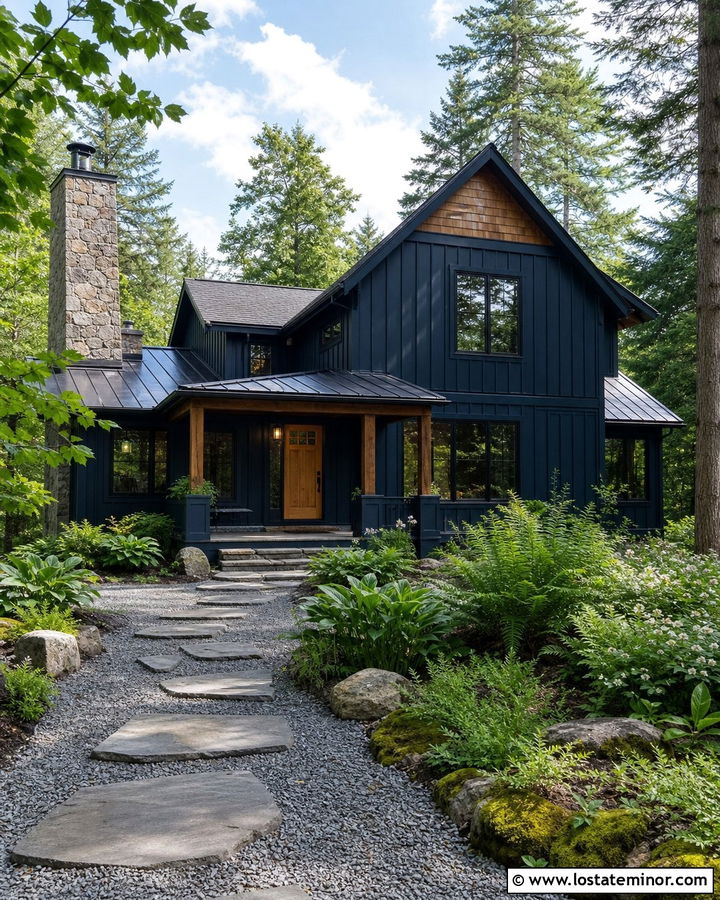 Midnight Blue House With Woodland Walkway - 30 Midnight Blue House Design With Walkway Ideas