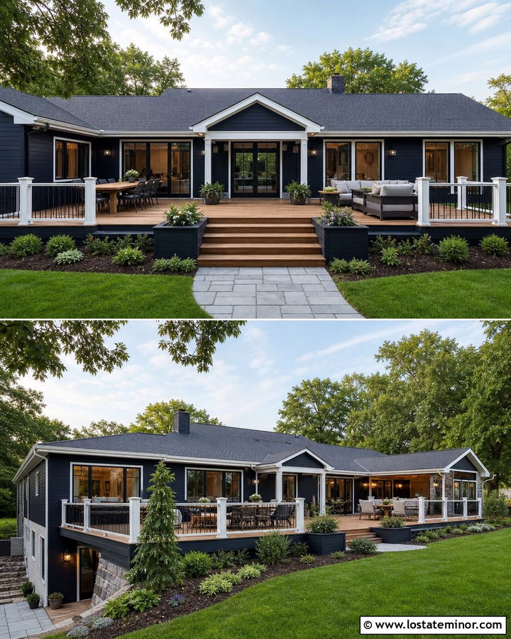 Midnight Blue House With Wraparound Backyard Deck - 30 Midnight Blue House Design With Backyard Ideas