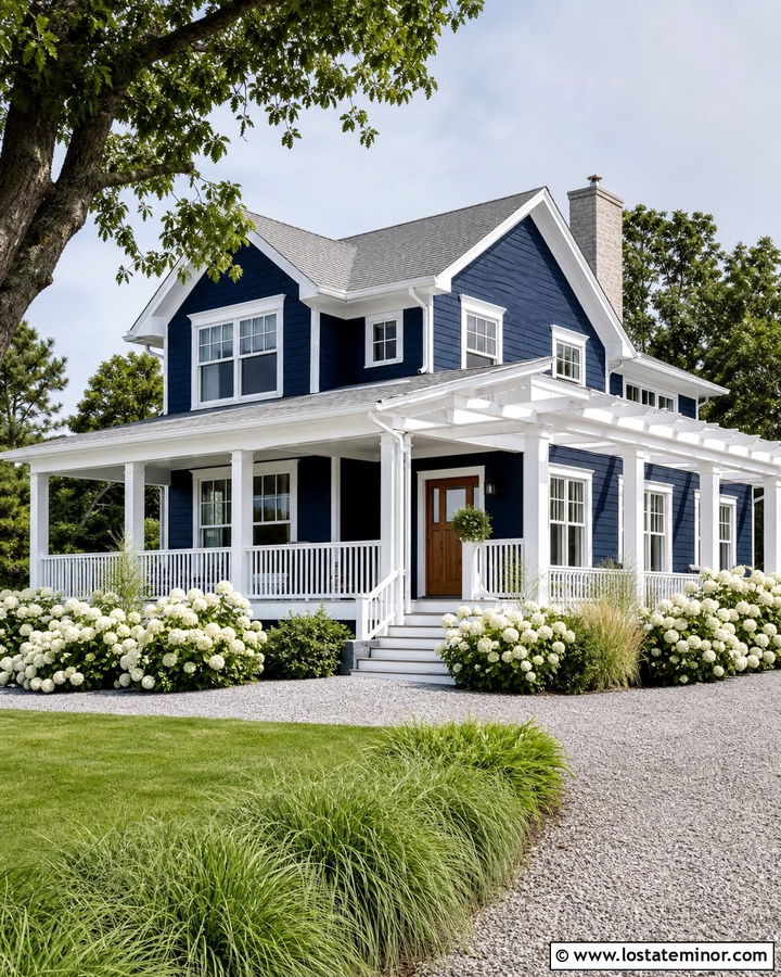 Midnight Blue House With Wraparound Pergola - 30 Midnight Blue House Design With Pergola Ideas
